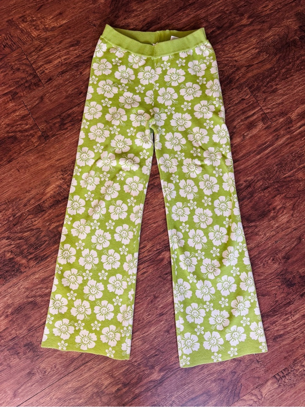70s Flare Green Floral Knit Pants